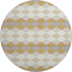 HomeRoots 8' Modern Gold Gray Ivory Geometric Round Rug - Washable, UV-Protected, Kid & Pet Friendly Design 679057
