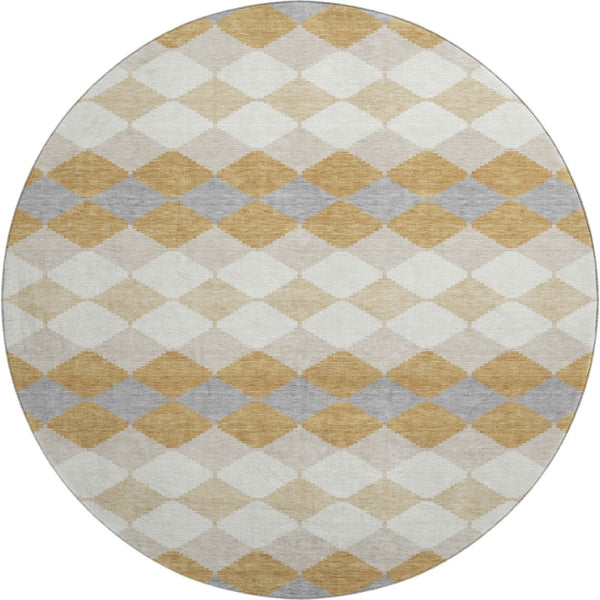 HomeRoots 8' Modern Gold Gray Ivory Geometric Round Rug - Washable, UV-Protected, Kid & Pet Friendly Design 679057