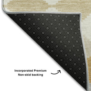 HomeRoots 8' Modern Gold Gray Ivory Geometric Round Rug - Washable, UV-Protected, Kid & Pet Friendly Design 679057