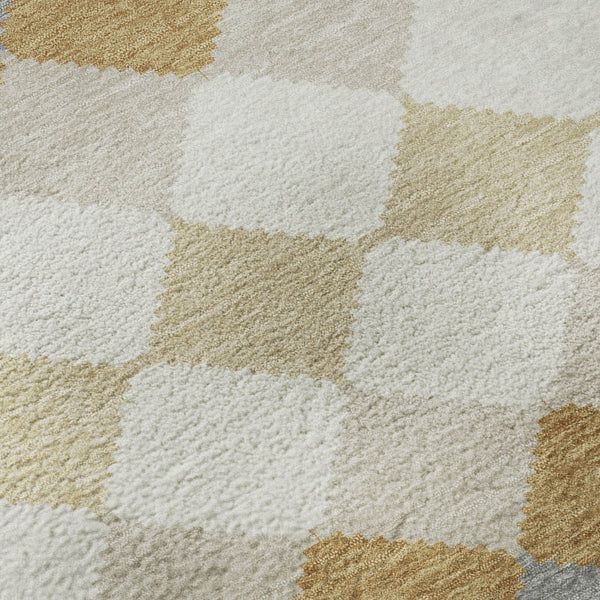 HomeRoots 8' Modern Gold Gray Ivory Geometric Round Rug - Washable, UV-Protected, Kid & Pet Friendly Design 679057
