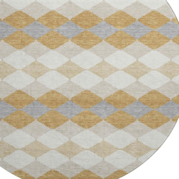 HomeRoots 8' Modern Gold Gray Ivory Geometric Round Rug - Washable, UV-Protected, Kid & Pet Friendly Design 679057
