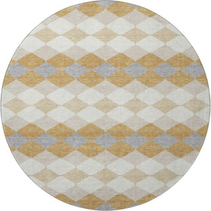 HomeRoots 8' Modern Gold Gray Ivory Geometric Round Rug - Washable, UV-Protected, Kid & Pet Friendly Design 679057