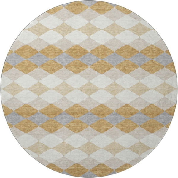 HomeRoots 8' Modern Gold Gray Ivory Geometric Round Rug - Washable, UV-Protected, Kid & Pet Friendly Design 679057