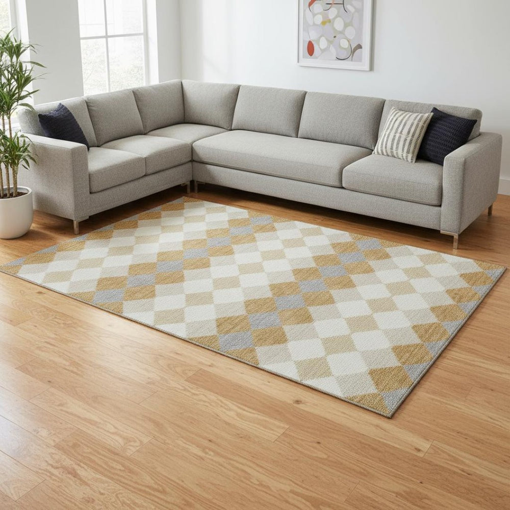 HomeRoots 8' X 10' Gold, Gray & Ivory Geometric Area Rug - Washable, UV Protected & Perfect for Modern Homes 679058