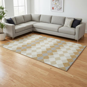 HomeRoots 8' X 10' Gold, Gray & Ivory Geometric Area Rug - Washable, UV Protected & Perfect for Modern Homes 679058