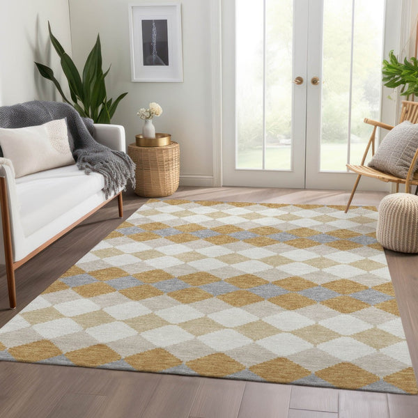 HomeRoots 8' X 10' Gold, Gray & Ivory Geometric Area Rug - Washable, UV Protected & Perfect for Modern Homes 679058