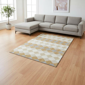 HomeRoots 9' X 12' Washable Gold Gray Ivory Geometric Area Rug with UV Protection for Stylish Living Spaces 679059