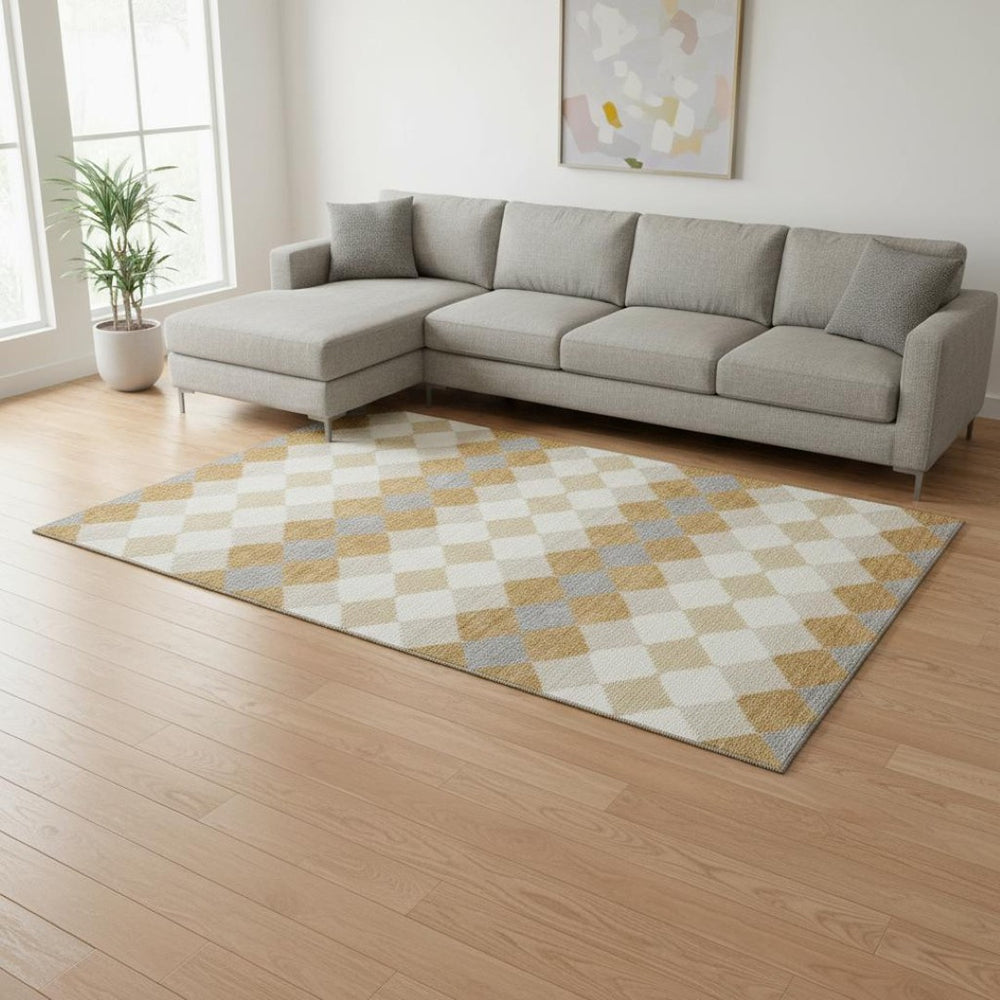 HomeRoots 10' Gold, Gray, and Ivory Geometric Area Rug - Washable, UV-Protected, Stain-Resistant for Homes 679060