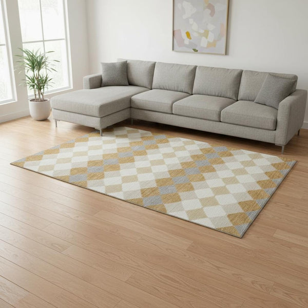 HomeRoots 10' Gold, Gray, and Ivory Geometric Area Rug - Washable, UV-Protected, Stain-Resistant for Homes 679060