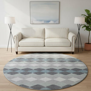 HomeRoots 8' Modern Gray Ivory & Silver Geometric Washable Round Rug with UV Protection for Any Space 679063