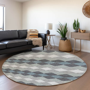 HomeRoots 8' Modern Gray Ivory & Silver Geometric Washable Round Rug with UV Protection for Any Space 679063