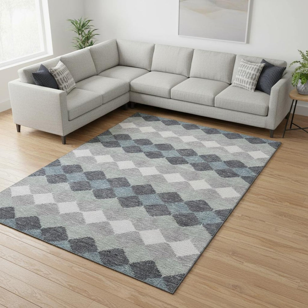 HomeRoots 9' X 12' Gray Ivory Silver Geometric Area Rug – Durable, Washable, Stain-Resistant with UV Protection! 679065