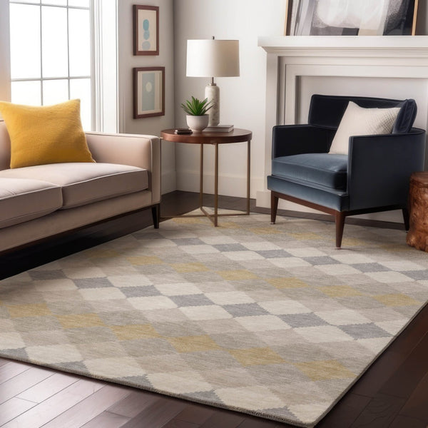 HomeRoots 8' X 10' Ivory Gold Beige Geometric Area Rug - Washable, UV Protected, Stain Resistant for Homes 679070