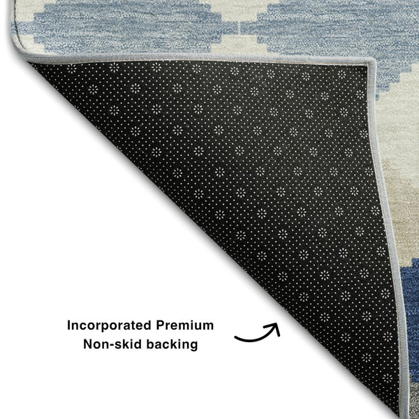 HomeRoots 5' X 8' Modern Geometric Washable Area Rug in Navy Blue, Ivory & Gray – UV Protected & Durable Design 679074