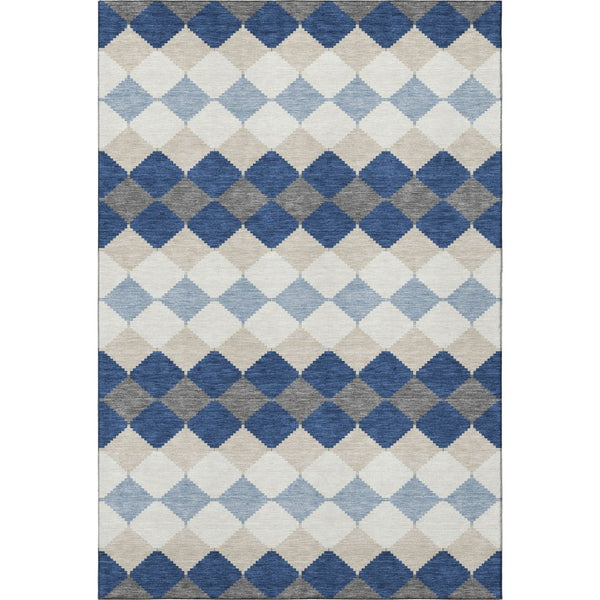 HomeRoots 5' X 8' Modern Geometric Washable Area Rug in Navy Blue, Ivory & Gray – UV Protected & Durable Design 679074