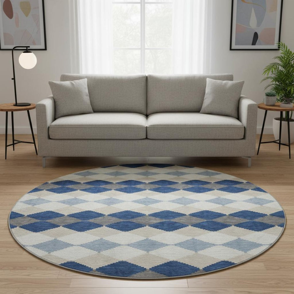 HomeRoots 8' Navy Blue Geometric Washable Round Rug with UV Protection - Durable, Stylish, Pet-Friendly Design! 679075