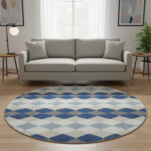 HomeRoots 8' Navy Blue Geometric Washable Round Rug with UV Protection - Durable, Stylish, Pet-Friendly Design! 679075