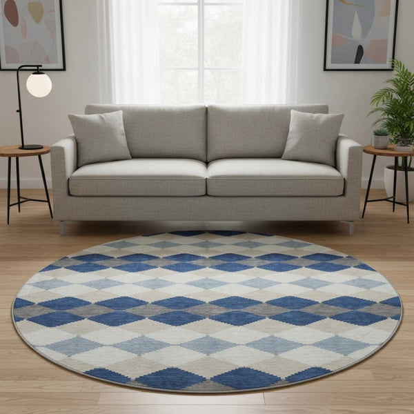 HomeRoots 8' Navy Blue Geometric Washable Round Rug with UV Protection - Durable, Stylish, Pet-Friendly Design! 679075