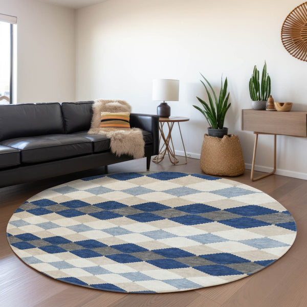 HomeRoots 8' Navy Blue Geometric Washable Round Rug with UV Protection - Durable, Stylish, Pet-Friendly Design! 679075