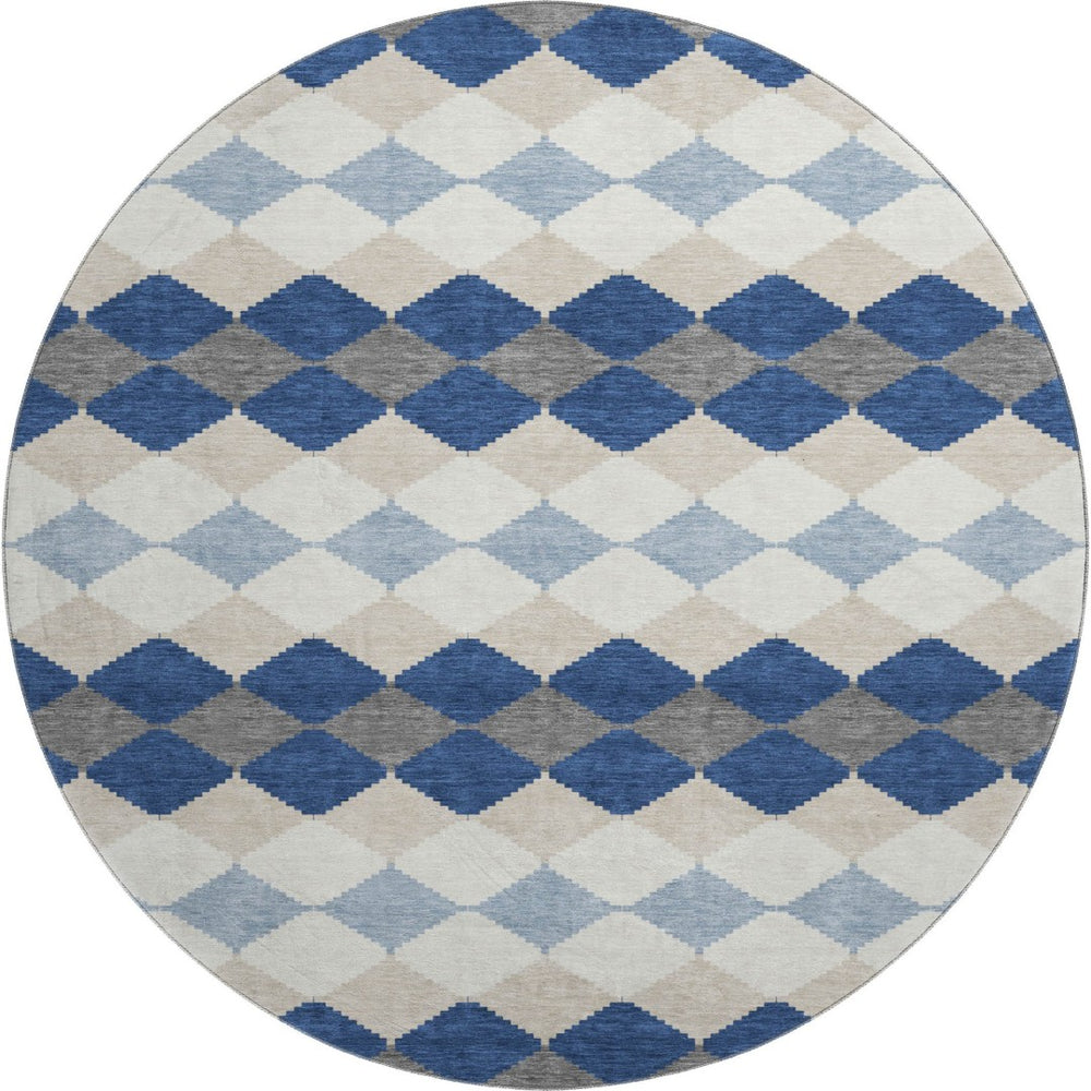 HomeRoots 8' Navy Blue Geometric Washable Round Rug with UV Protection - Durable, Stylish, Pet-Friendly Design! 679075