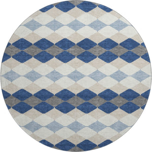 HomeRoots 8' Navy Blue Geometric Washable Round Rug with UV Protection - Durable, Stylish, Pet-Friendly Design! 679075
