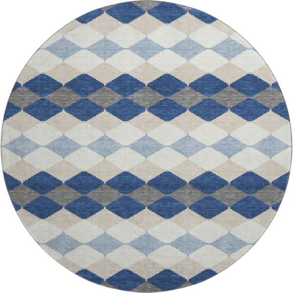 HomeRoots 8' Navy Blue Geometric Washable Round Rug with UV Protection - Durable, Stylish, Pet-Friendly Design! 679075