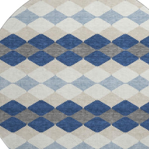 HomeRoots 8' Navy Blue Geometric Washable Round Rug with UV Protection - Durable, Stylish, Pet-Friendly Design! 679075