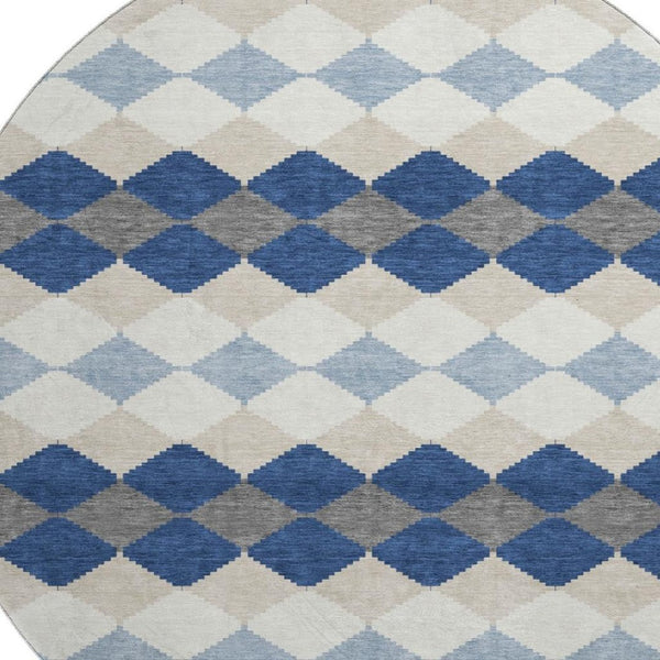 HomeRoots 8' Navy Blue Geometric Washable Round Rug with UV Protection - Durable, Stylish, Pet-Friendly Design! 679075