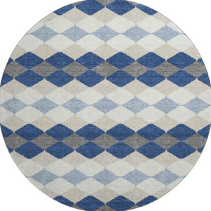 HomeRoots 8' Navy Blue Geometric Washable Round Rug with UV Protection - Durable, Stylish, Pet-Friendly Design! 679075