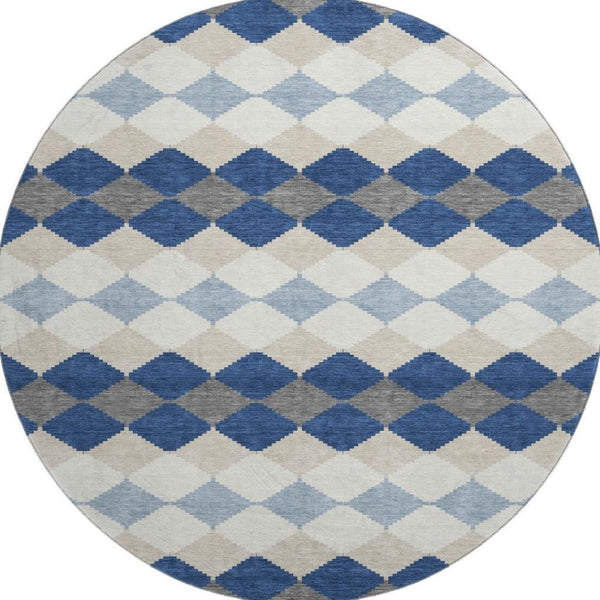 HomeRoots 8' Navy Blue Geometric Washable Round Rug with UV Protection - Durable, Stylish, Pet-Friendly Design! 679075