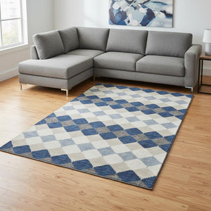 HomeRoots 8' X 10' Navy Blue Geometric Washable Area Rug with Stain Resistance & UV Protection for Homes 679076