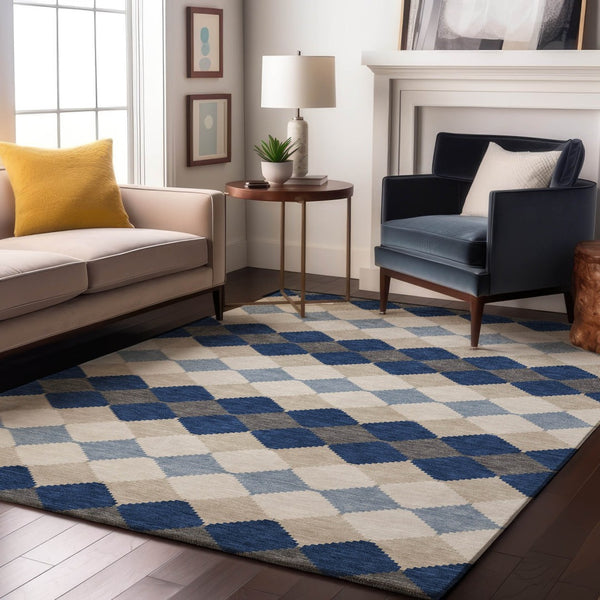 HomeRoots 9' X 12' Washable Navy Blue Geometric Area Rug with UV Protection – Stylish, Durable, and Easy Care! 679077