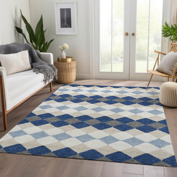 HomeRoots 9' X 12' Washable Navy Blue Geometric Area Rug with UV Protection – Stylish, Durable, and Easy Care! 679077