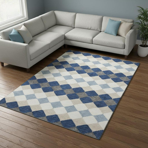 HomeRoots 10' X 14' Navy Blue Ivory Gray Geometric Area Rug – Washable, Stain Resistant, UV Protected for Homes 679078