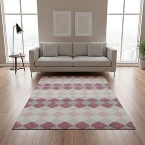 HomeRoots 5' X 8' Pink Ivory Gray Geometric Washable Area Rug - Stylish, Durable, UV-Protected for Every Room 679080
