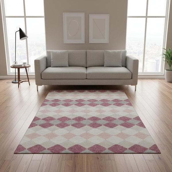 HomeRoots 5' X 8' Pink Ivory Gray Geometric Washable Area Rug - Stylish, Durable, UV-Protected for Every Room 679080