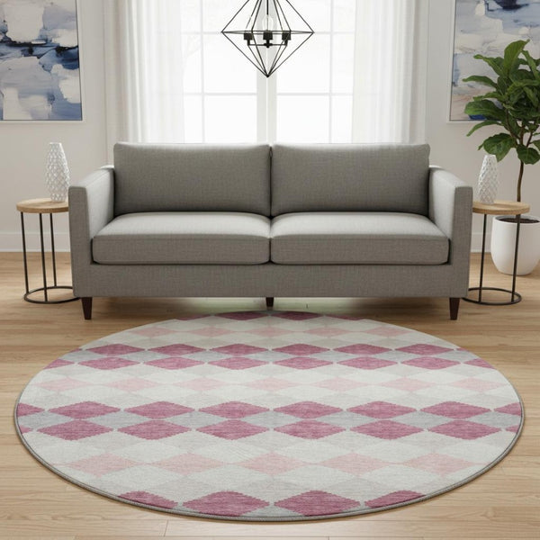 HomeRoots 8' Pink Ivory and Gray Geometric Washable Round Area Rug with UV Protection for Modern Spaces 679081