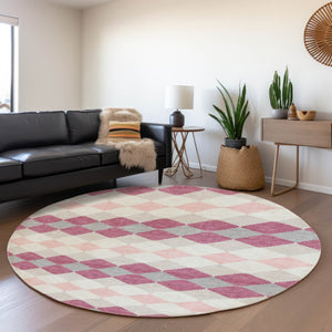HomeRoots 8' Pink Ivory and Gray Geometric Washable Round Area Rug with UV Protection for Modern Spaces 679081