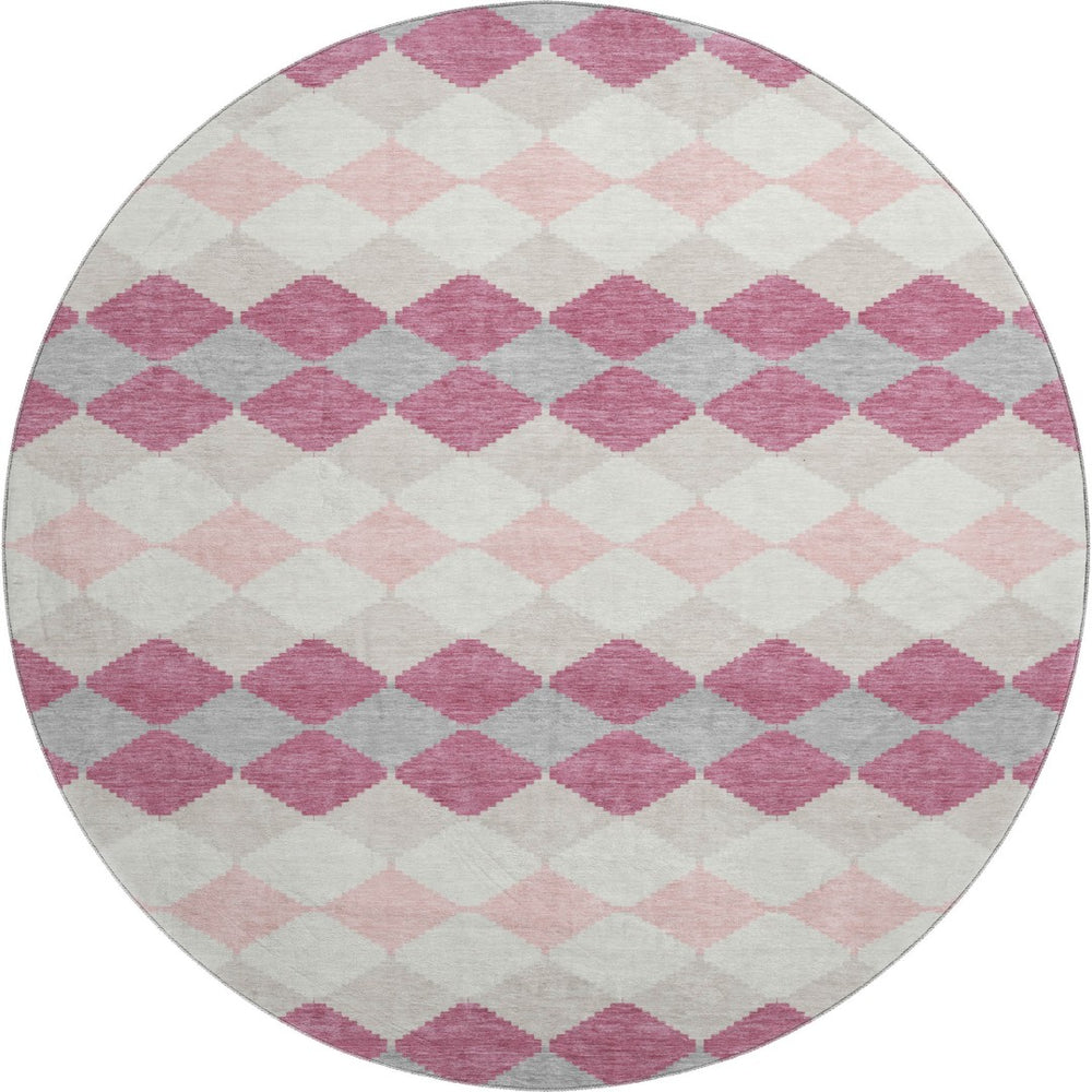 HomeRoots 8' Pink Ivory and Gray Geometric Washable Round Area Rug with UV Protection for Modern Spaces 679081