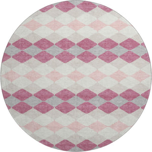 HomeRoots 8' Pink Ivory and Gray Geometric Washable Round Area Rug with UV Protection for Modern Spaces 679081