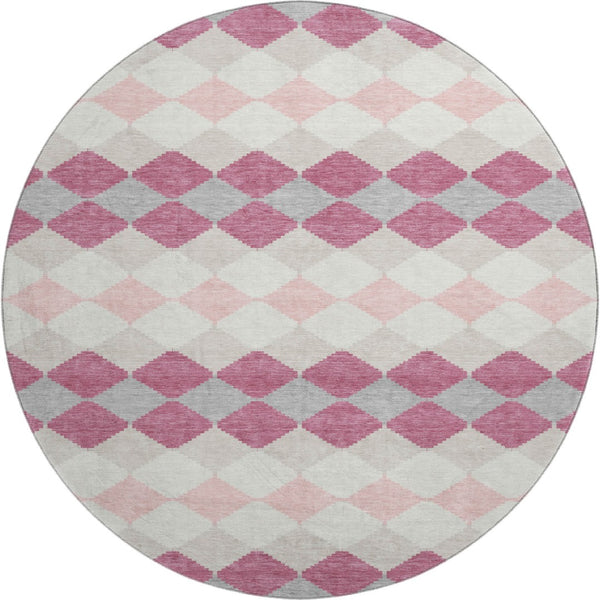 HomeRoots 8' Pink Ivory and Gray Geometric Washable Round Area Rug with UV Protection for Modern Spaces 679081