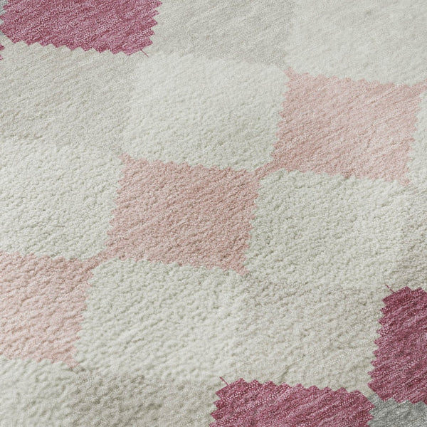 HomeRoots 8' Pink Ivory and Gray Geometric Washable Round Area Rug with UV Protection for Modern Spaces 679081