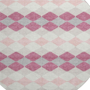 HomeRoots 8' Pink Ivory and Gray Geometric Washable Round Area Rug with UV Protection for Modern Spaces 679081