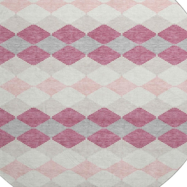 HomeRoots 8' Pink Ivory and Gray Geometric Washable Round Area Rug with UV Protection for Modern Spaces 679081