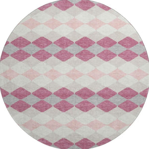 HomeRoots 8' Pink Ivory and Gray Geometric Washable Round Area Rug with UV Protection for Modern Spaces 679081