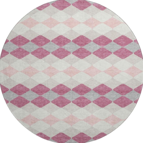 HomeRoots 8' Pink Ivory and Gray Geometric Washable Round Area Rug with UV Protection for Modern Spaces 679081