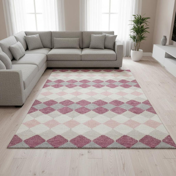 HomeRoots 8' X 10' Stylish Pink Ivory Gray Geometric Washable Area Rug with UV Protection for Family Homes 679082