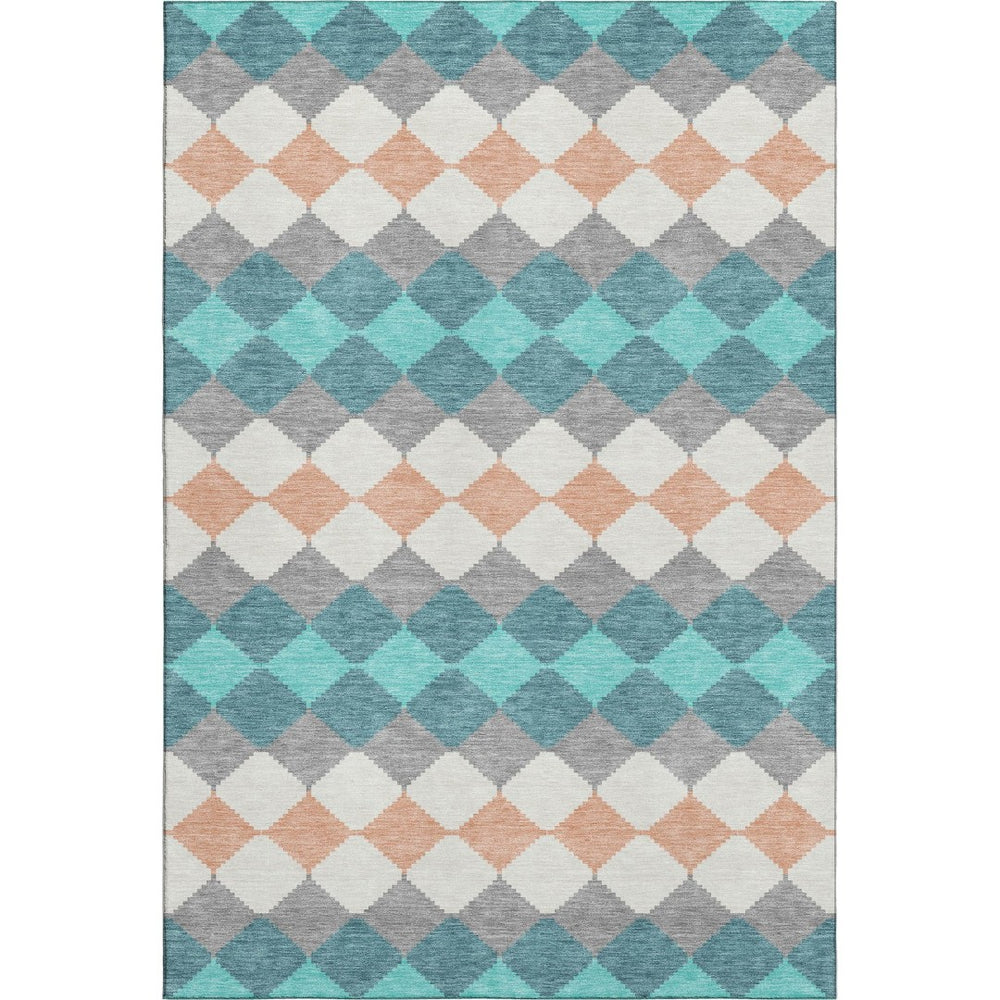 HomeRoots 5' X 8' Teal Coral & Ivory Geometric Area Rug - Washable, Stain Resistant, and UV Protected Design 679086