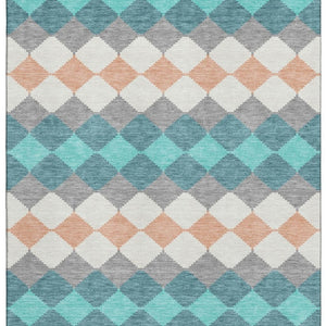 HomeRoots 5' X 8' Teal Coral & Ivory Geometric Area Rug - Washable, Stain Resistant, and UV Protected Design 679086