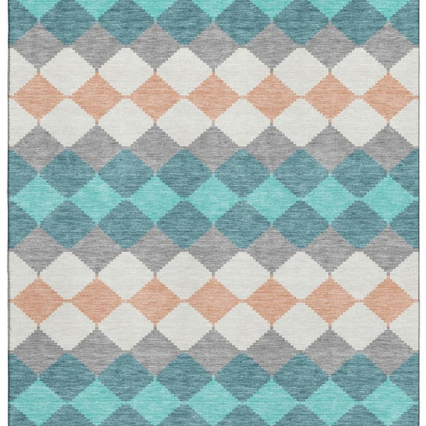 HomeRoots 5' X 8' Teal Coral & Ivory Geometric Area Rug - Washable, Stain Resistant, and UV Protected Design 679086